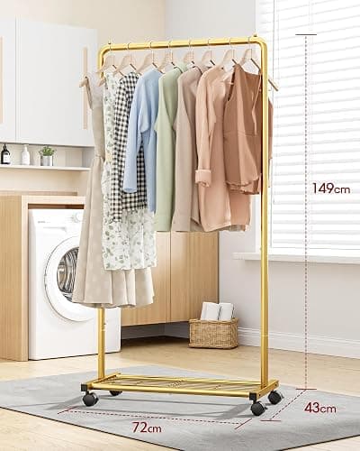 Sakugi Movable Clothes Rail with Shoe Shelf, 72x43x149cm, Gold | Colthing Rack With Bottom Shoe Shelf, For Clothes, Coats & Dresses, Freestanding For Bedroom, Closet & Laundry thumbnail 3