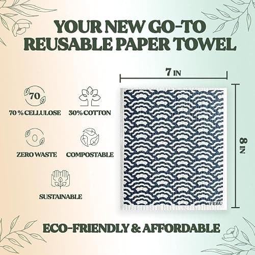 FEBU Swedish Dishcloths for Kitchen | 5 Pack Floral Reusable Paper Towels Washable | Swedish Dish Towels | Non-Scratch Cellulose Sponge Cloths | No Odor, Biodegradable Cleaning Cloths thumbnail 2
