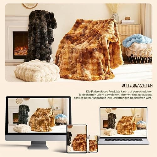 L'AGRATY Kunstkaninchenfell-Decke: 200x220cm Luxuriöse, weiche, Flauschige, Dicke Fellwurfdecke für Couch, Bett, Sofa - Gemütliche, plüschige Blasendecken mit Warmer Flanell-Fleece (Cremeweiß) thumbnail 7