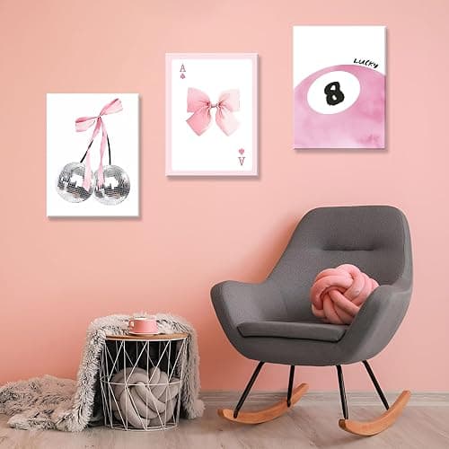 Framed Pink Canvas Wall Decor Set of 3, Pink Bow Wall Art Oil Painting, Girls Preppy Room Decor Picture, Trendy Disco Ball Print Poster for Teen Girl Apartment Bedroom Living Room Aesthetic 12x16 Inch thumbnail 6