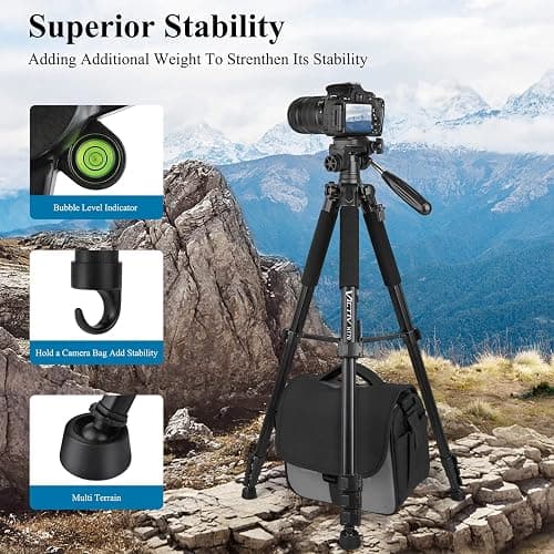 VICTIV 74” Camera Tripod, Tripod for Camera and Phone, Aluminum Professional Tripod Stand for Canon Nikon with Carry Bag and Phone Holder, Compatible with DSLR, iPhone, Spotting Scopes, Max Load 9.5Lb thumbnail 8