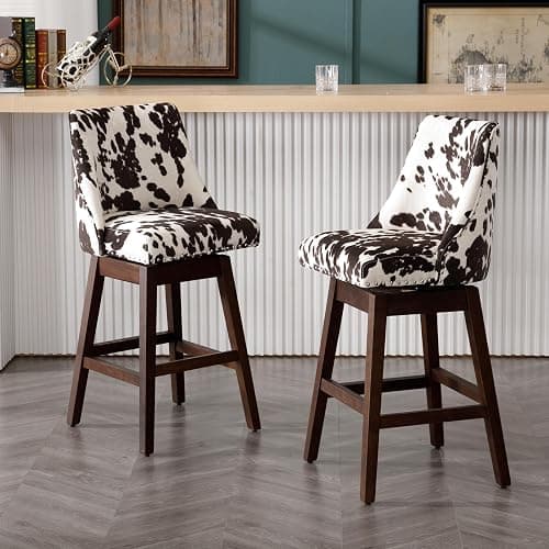 Janoray Counter Height Bar Stools Set of 2, Velvet Swivel Kitchen Stool Chairs with Back Mid Century Modern Barstool with Distressed Wood Legs for Dining Bar, Cow - Image 1