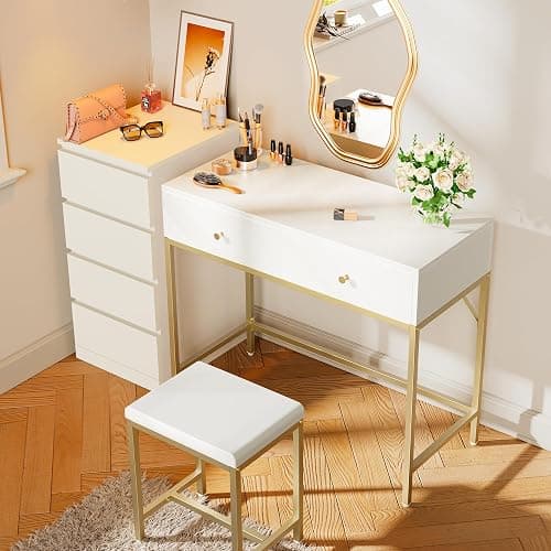 SUPERJARE 35.4" White and Gold Desk with 2 Drawers, Modern Makeup Vanity with Padded Stool, Small Computer Desk Home Office Desk for Writing Study Bedroom thumbnail 4