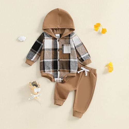 Douhoow Infant Baby Fall Clothes Boy Girl Plaid Hoodie Sweatshirt Romper Flannel Tops+ Sweatpants Festival Outfits thumbnail 2