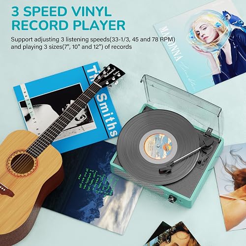 Record Player for Vinyl with 2 Build-in Speakers LP Vinyl Players Belt-Driven Vintage Turntables 3 Speed 3 Size, Wireless Bluetooth Playback, AUX-in, RCA Out, Headphone, Auto Stop,Water Blue thumbnail 7