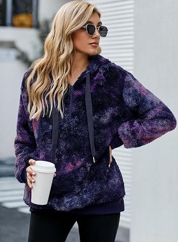 Yanekop Womens Hoodies Sherpa Pullover Sweater Fuzzy Fleece Sweatshirt Oversized Hoodie Cozy Outerwear with Pockets - 3X-Large - C Dark Purple thumbnail 4