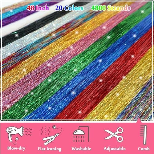 YUBTY Hair Tinsel Kit 20 Colors 4800 Strands Fairy Hair Tinsel Heat Resistant 48 Inches Glitter Tinsel Hair Extensions Highlights Sparkling Hair Tinsel Kit for Girls Hair Accessories Party Festival thumbnail 4
