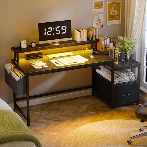 EnHomee 57" Computer Desk with Drawers and Printer Space,Office Desk with Power Outlets,Home Office Desks with File Drawers Cabinet,Study Writing and Gaming Desk with Shelves Monitor Stand,Black thumbnail 7