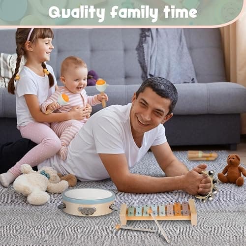 Stoie's Wooden Toddler Musical Instruments with Xylophone, Maracas, Triangle, Tamburine for Babies and Kids, Eco Friendly Montessori Educational Toy thumbnail 7