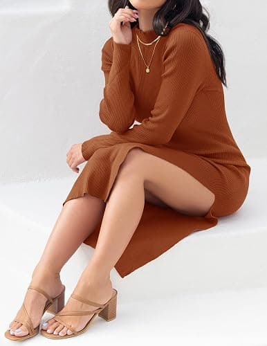 ZESICA Women's 2025 Ribbed Knit Dress Long Sleeve Mock Neck Slim Fit Side Slit Fall Elegant Sweater Dresses thumbnail 7