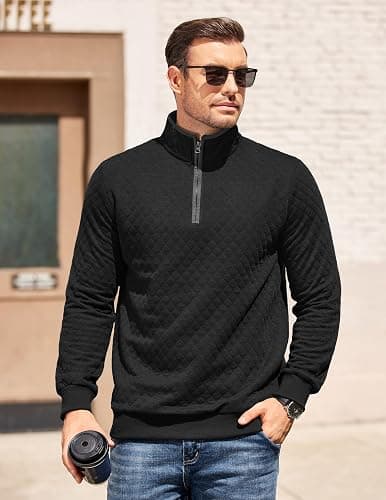 COOFANDY Mens Quarter Zip Pullover Mock Neck Quilted Sweatshirt Casual Long Sleeve Polo Sweater thumbnail 2