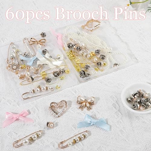 ELLEWIN 60 Pcs Charms for Socks Shoe Charms Safety Pin Brooch Gold Charms for Women Pearl Rhinestone Brooch Pins Junk Socks Pins Kit for Hat Clothes Shoe thumbnail 6