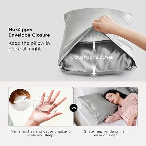 Bedsure King Size Satin Pillowcase Set of 2 - Silver Grey Pillow Covers for Hair and Skin with Envelope Closure, Similar to Silk Pillow Cases, Gifts for Women Men, 20x36 Inches, 2pcs thumbnail 6