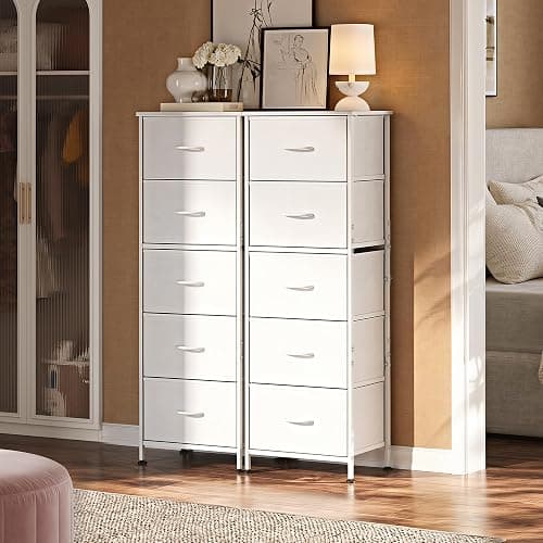 WLIVE Tall Dresser for Bedroom, 5 Drawer Dresser, White | 5 vertical fabric drawers, Tall vertical design, Bedroom or closet use, Dresser for small spaces, Chest of drawers thumbnail 5