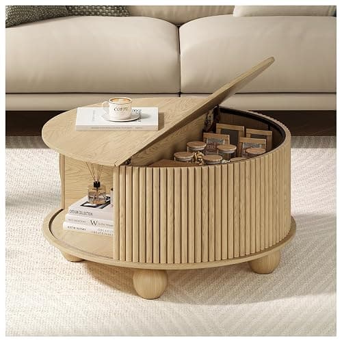 Vanvuson Round Coffee Table with Storage, 31.5" Mid Century Modern Coffee Table with Sliding Door & Bun Feet, Minimalist Fluted Center Table for Living Room, Home Small Space, Oak thumbnail 5