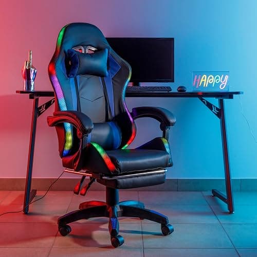 Baroni Home Chaise Gaming Ergonomique avec Coussin Lombaire, Lumières LED Réglables et Repose-Pieds Extractible, Chaise de Bureau avec Dossier Inclinable et Hauteur Réglable, Bleu, 68x66x125-133 cm thumbnail 2