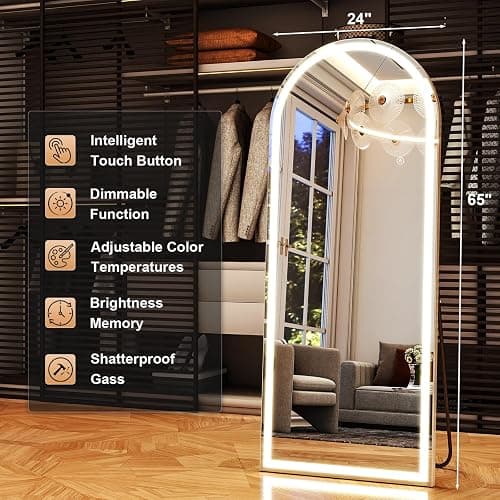 XRAMFY LED White Arched Full Length Mirror - 24“ x 65” Adjustable Brightness, Touch Screen Controls, Wall Mounted or Freestanding for Bedroom, Living Room, Cloakroom Dressing Mirror thumbnail 5