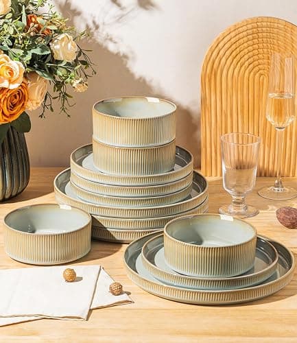 LERATIO Dinnerware sets for 4,12 Piece Stoneware Plates and Bowls sets | Handmade Reactive Glaze Dish Set,Lightweight & Scratch Resistant,Oven & Microwave & Dishwasher Safe-Pale Sage thumbnail 5