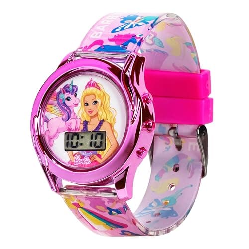 Mattel Barbie Kids Digital LCD Watch with Curved Bezel, Flashing Dial Lights and Printed Pink Strap Featuring Barbie and Unicorn Graphics Ages 4+ Fits Wrists 5.5"-8" thumbnail 7