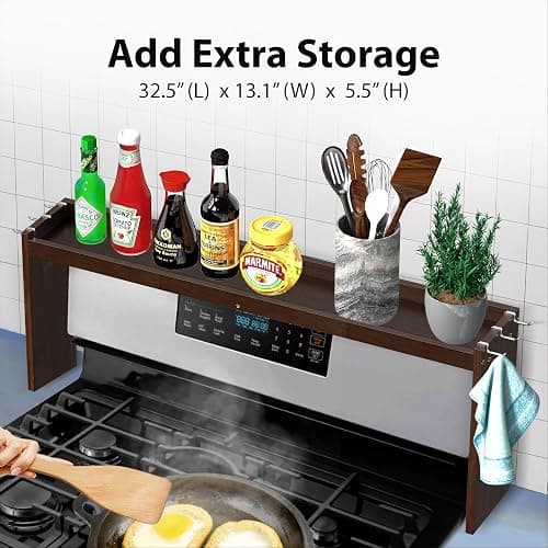 IIIOIIIA Bamboo Over the Stove Spice Rack Organizer Shelf for Kitchen, 31.5" with 6 Hooks, 11.4" Height Extra Storage Countertop, Easy to Assemble, Walnut thumbnail 2