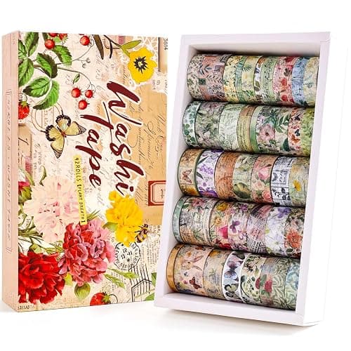 42 Rolls Vintage Washi Tape Set, Delicate Butterfly & Lush Floral Botanical Themed Writable Decorative Tapes with Retro Elements for Scrapbooking, Junk Journal Supplies, Bullet Journaling 5-25mm Wide - Image 1