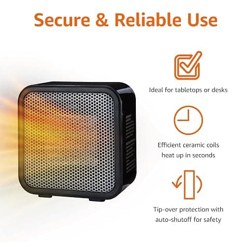 Amazon Basics Ceramic Space Heater, Mini Heater for Office Desk, Portable Tent Heater (Indoor Use), 500 W, With Tip-Over Protection, Lightweight (1.4 LBS), Black, 5.87”D x 3.15”W x 5.95”H thumbnail 4