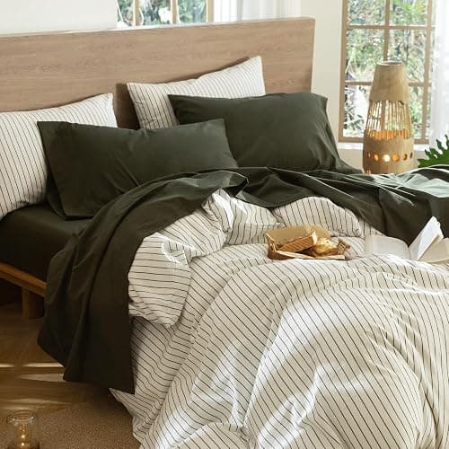 MooMee Bedding Sheet Set 100% Washed Cotton Linen Like Textured Breathable Durable Soft Comfy (Solid Olive Green, Queen) thumbnail 7