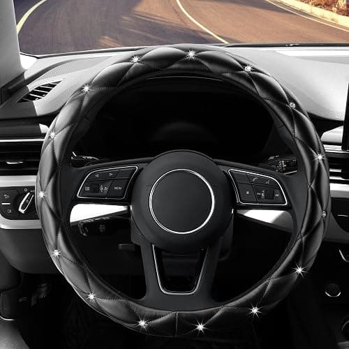 YOGURTCK Diamond Soft Leather Anti-Slip Steering Wheel Cover with Bling Bling Crystal Rhinestones, Universal 15 Inch for Women Girls, Fit Vehicles, Sedans, SUVs, Vans, Trucks - Black thumbnail 2