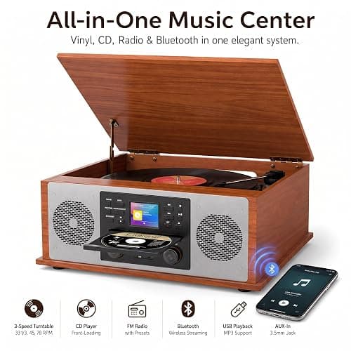 10 in 1 Bluetooth Record Player All-in-One Multimedia Center | Stereo Speakers, CD Player, Internet Radio, 3-Speed Turntable, Clock, Alarm, USB Recording, RCA Out, LCD Display, Red Wood thumbnail 7