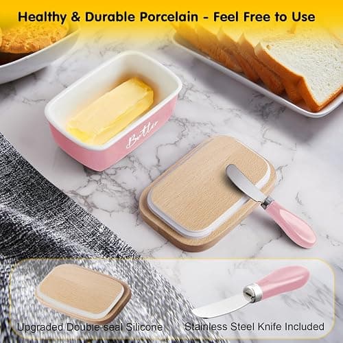 ALELION Pink Butter Dish with Lid and Knife for Countertop - Airtight Ceramic Butter Container with Thick Acacia Wood Lid for Counter - Pink Kitchen Decor and Accessories thumbnail 4