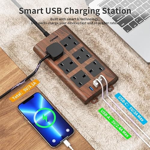 TOPREK Wood Grain 6 Way Extension Lead with USB Slots, Surge Protection, 2USB-A & 2USB-C & 1 Switch, 13A/3250W, Brown Extension Cable 2M for Home Office Kitchen thumbnail 4