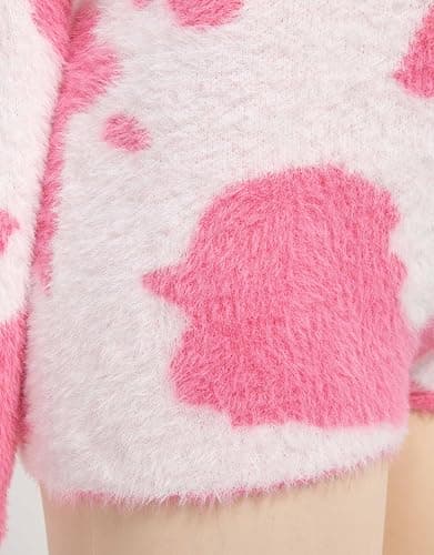 Mobbunny Women's Fuzzy Knit Sweater Pajamas Pink Cow Print Jumpsuit Fluffy Hooded Romper Bodysuit Onesies Pajamas Adult - Large - Pink thumbnail 6