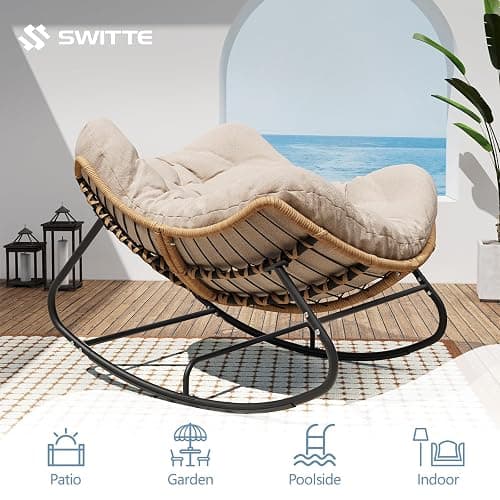 SWITTE Outdoor Rocking Chair, Oversized Patio Papasan Rocker, Comfy Wicker Reading Lounge, Indoor Egg Chair for Bedroom, Living Room, Porch, Garden, Lawn-Cream thumbnail 8