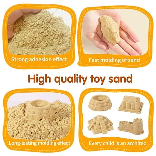 HONGTUO Play Construction Sand Kit, 2.2lbs Magic Sand, Inflatable Sandbox | 8 Alloy Construction Vehicles, 8 Worker Figures, Road Signs, 6 Castle Molds, Storage Box, Sensory Toys, Gift for Kids Ages 3+ thumbnail 4