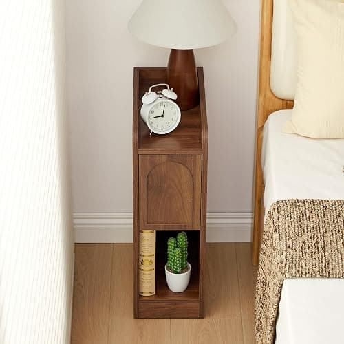 Narrow Nightstand, Slim Bedside Table with Raised Edge Top, Arched Drawer & Open Shelf, Modern Wooden Small Side End Table for Bedroom or Living Room (1, Walnut) thumbnail 6