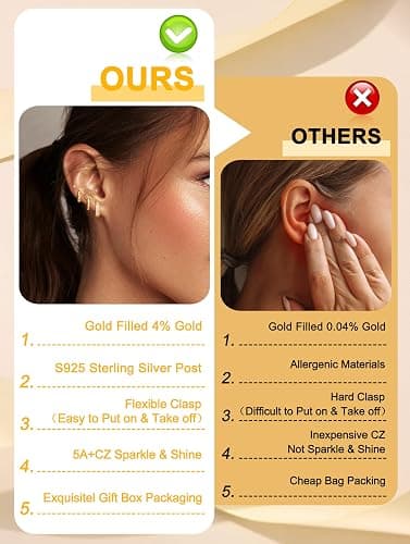 JeryWe Hypoallergenic Hoop Earrings for Women S925 Sterling Silver Post Chunky Cartilage Earring Stacks Non Tarnish 14K Gold Filled Small Hoops Stud Set Jewelry thumbnail 6