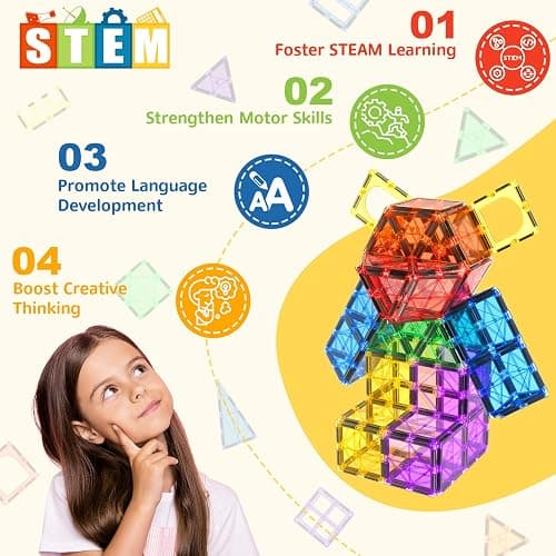 Coodoo 60 PCS Magnetic Building Tiles Kids Toys STEM Magnetic Blocks Sensory Toys Kids Games Magnet Building Toy for Boys and Girls Aged 3+, Kid Brain Development Preschool Kindergarten Toddler Toy thumbnail 3