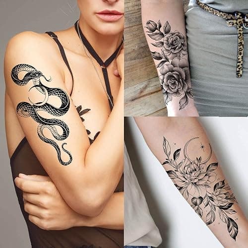 Bilizar 64 Sheets Long Lasting Flower Temporary Fake Tattoos For Women Arm Neck, Jellyfish Sunflower Moon Rose For Adults Girl, 3D Temp Realistic Snake Tatoo Stickers Serpent Peony Floral Kids - Floral thumbnail 3