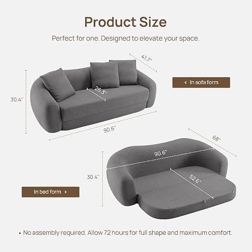 SICOTAS Curved Sofa Couch Bed for Living Room Convertible Futon Cloud Boneless Sleeper Chair Pull Out Floor Couch with Deep Seat Sofa Set Foam No Assembly Required for Bedroom Apartment, Dark Grey thumbnail 7