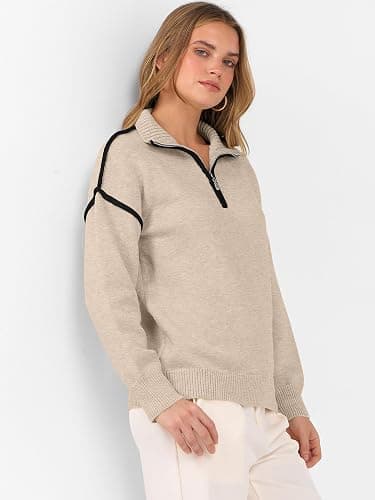 ANRABESS Womens Quarter Zip Sweaters Fall Long Sleeve V Neck Shirts Collared Business Casual Tops Knit Pullover Sweatshirts thumbnail 7