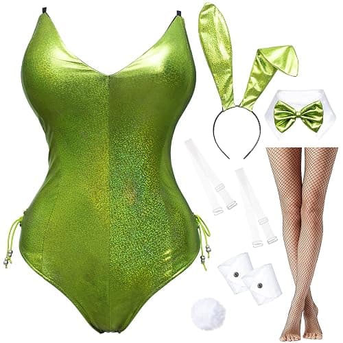 Womens Bunny Costume Girl Bodysuit Holographic Shining Suit Sparkle Costume Senpai Cosplay Bodysuit One Piece stockings Set - Image 1
