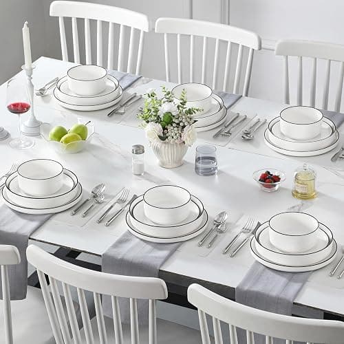 MALACASA Geschirrset 24-tlg für 6 Personen, Modernes Tafelservice aus Weiß Porzellan mit Stehrand & Schwarzer Akzentkante, Geschirr Set inkl. 6x Essteller, Dessertteller, Suppenteller, Suppenschüssel thumbnail 7