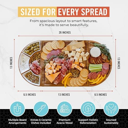 Elite Snacker Large Charcuterie Board Set, Acacia Wood, Natural Oil Finish | Magnetic 3-Piece Acacia Wood Design, Reshapes Circle Square Heart, Expands 13 to 26 In, 4 Knives, 3 Dishes, Rich Oiled Grain thumbnail 3