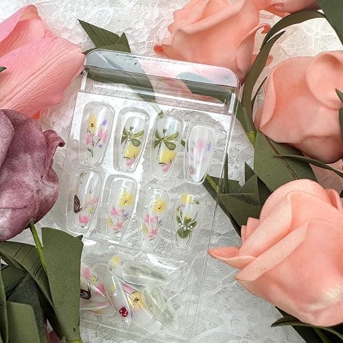 LBPEPAMZ 30Pcs Colorful Flower Press On Nails Medium Almond Fake Nails with 3D Water Drop Pearl Design Spring Summer Floral Gold Line False Nails Snails Dragonfly Butterfly Stick on Nails for Women thumbnail 6
