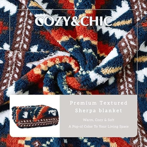 CASAAGUSTO Boho Sherpa Blanket, Aztec Twin Blanket, Ultra Soft, Warm, Cozy, Plush, Thick Fleece Western Blanket for Couch, Bed, Sofa (Navy Blue 60 * 80 Inch) thumbnail 6