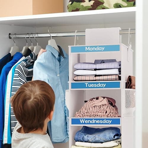 Fixwal 2 Pack 6-Shelf Weekly Hanging Closet Organizer for Kids, Kids Daily Clothes Organizers with 6 Side Pockets, Days of The Week Hanging Storage Shelves (White) - White thumbnail 6