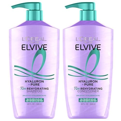 L'Oreal Paris Elvive Hyaluron + Pure Shampoo and Conditioner Set, Clarifying Shampoo and Rehydrating Conditioner with Salicylic Acid and Hyaluronic Acid, 1 Kit - Image 1