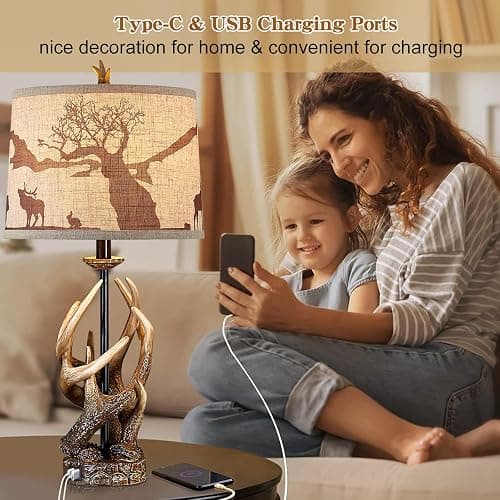 HUITICO Rustic Deer Antler Table Lamp for Living Room End Tables Farmhouse Cabin Lamps with USB A + C Charging Ports 28" Tall Western Country Bedroom Lamps for Nightstand, Single, Bulb Not Included thumbnail 3