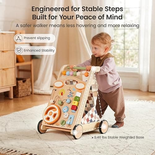 GROWNSY Wooden Baby Walker with Wheels, 3-in-1 Sit-to-Stand Push Walker | Adjustable Speed, Montessori Baby Walker with 7-in-1 Removable Activity Panel, First Birthday Gifts for Boys & Girls thumbnail 8