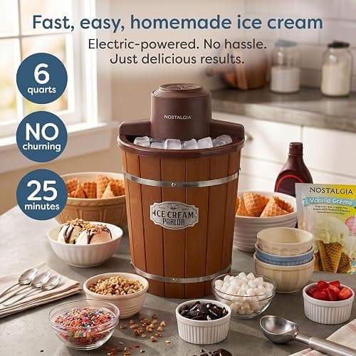 Nostalgia Electric Ice Cream Maker With 6 Qt Capacity - Old Fashioned Ice Cream Machine Makes Frozen Yogurt or Gelato in Minutes- Vintage Wooden Style Ice Cream Maker with Aluminum Canister- Dark Wood thumbnail 3